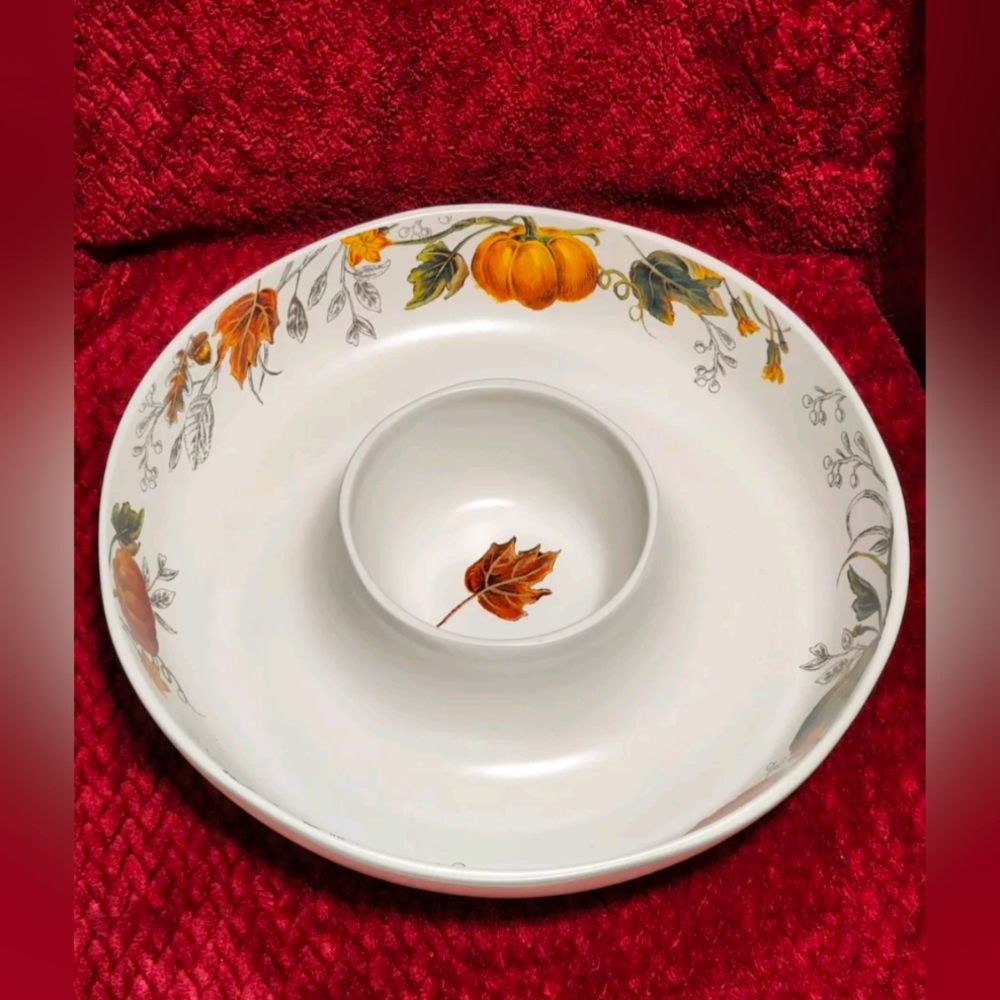 Bee & Willow Ceramic Thanksgiving Autumn Fall Chips & Dip Serving Party Platter